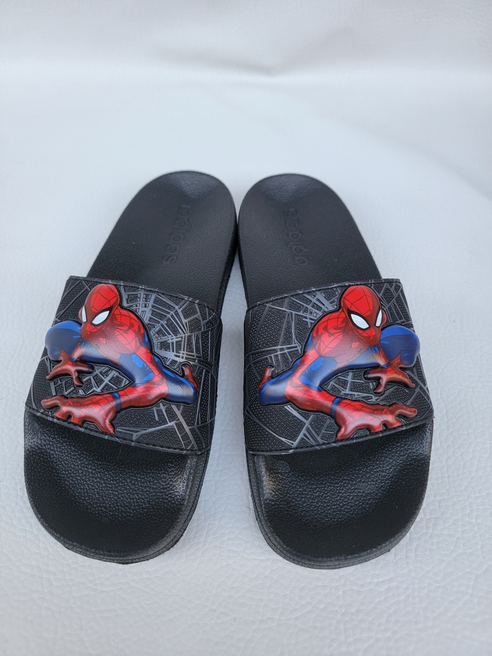 adidas Kids Black Slides with Red and Blue Spider-Man Graphic
